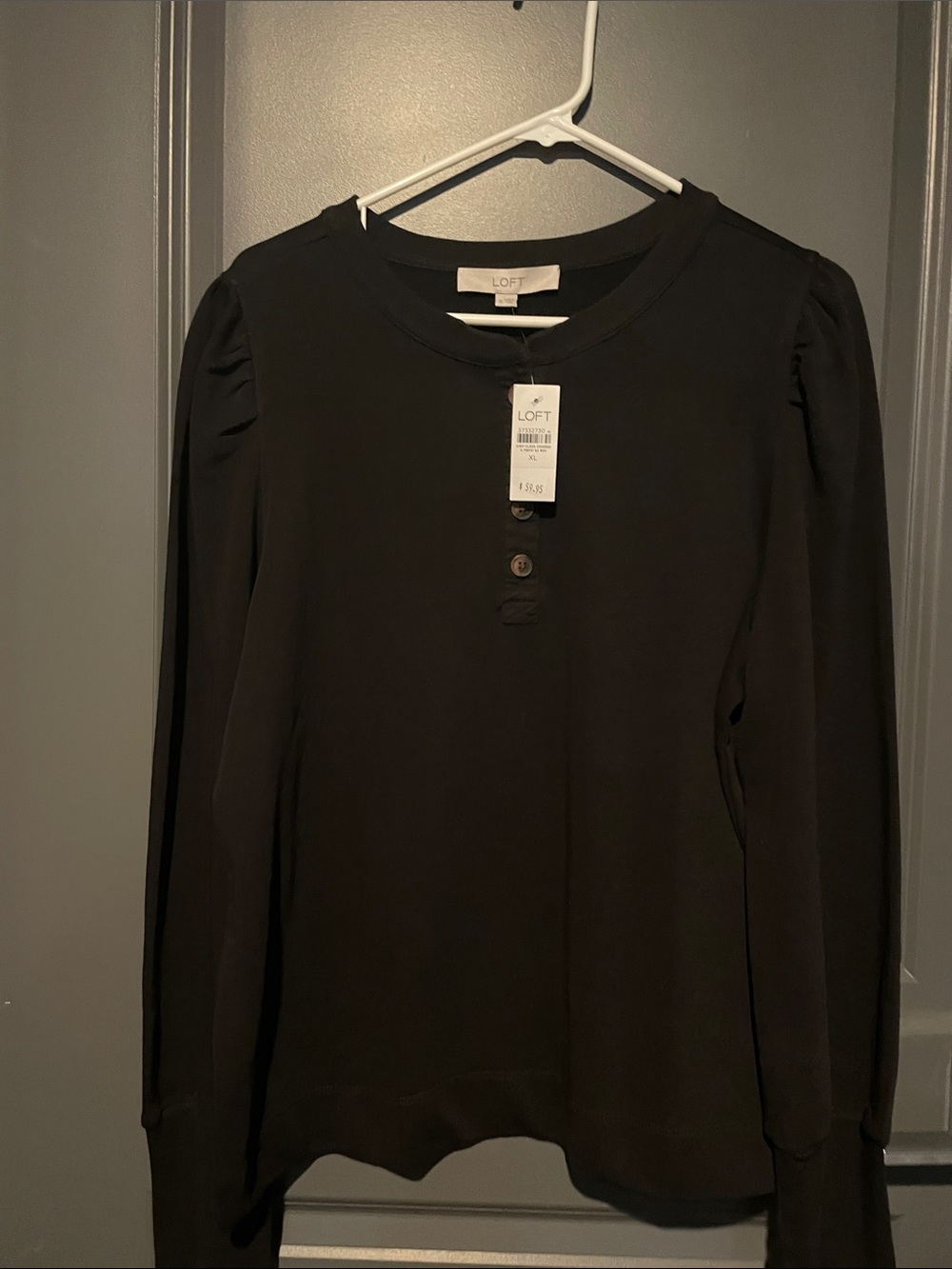 LOFT Black Long-Sleeve Henley with Subtle Puff Shoulders